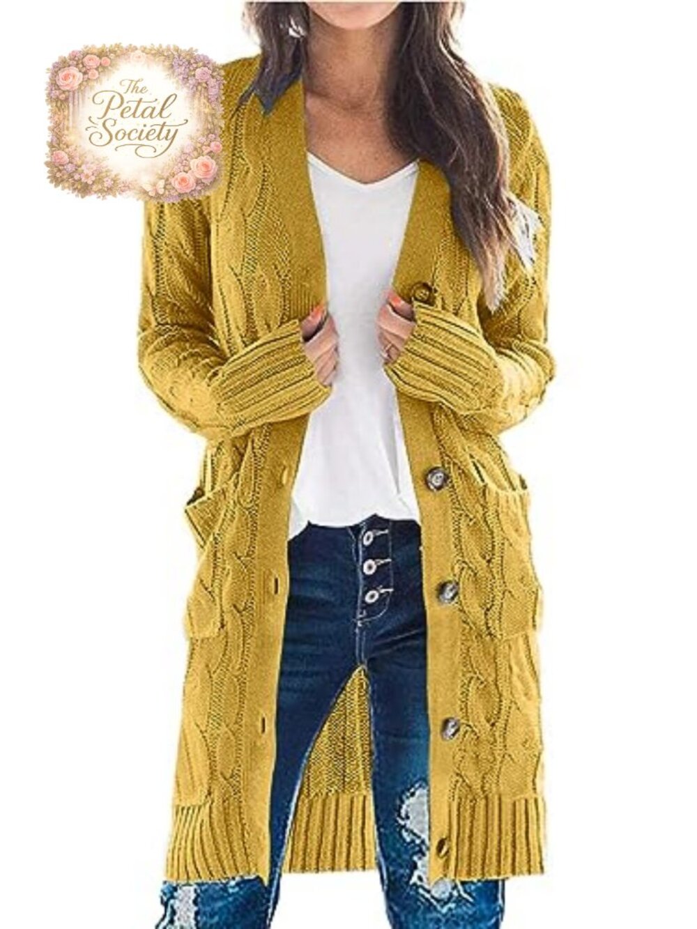 Cable Knit Button Down Long Cardigan Sweater with Pockets